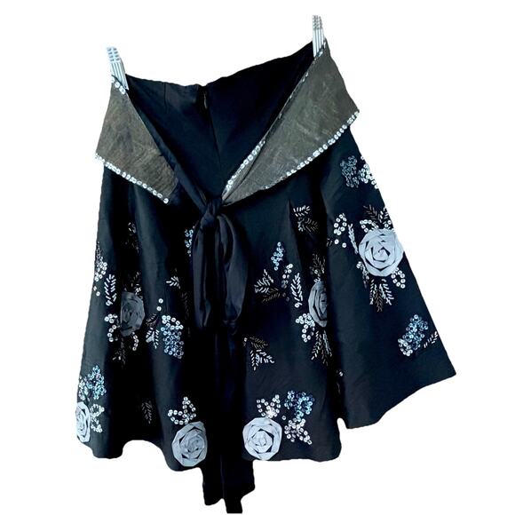Tibi Skirt 100% Raw Silk Skater Floral Appliqué Sequin Sz 2 Black Soft Grunge - Picture 4 of 9